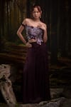 Harshita Jain_Purple Viscose, Satin Embroidery 3d Floral Motif Blouse With Trouser _Online_at_Aza_Fashions