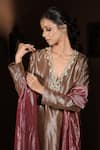 Vana Ethnics_Brown Tissue Gemstones, Pearls, The Tamra Sundari Neckline Embroidered Kurta Set _at_Aza_Fashions