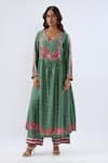 Buy_Label Niti Bothra_Green Tencel, Silk Beads, Sequins, Blossom Dark Gathered Yoke Kurta Set _at_Aza_Fashions