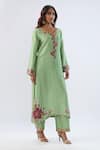 Shop_Label Niti Bothra_Green Tencel, , Organza Embroidery, Beads, Floral Pattern Kurta Set _Online_at_Aza_Fashions