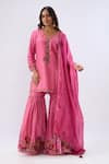 Shop_Label Niti Bothra_Pink Chanderi , Organza Beads, Floral Pattern Kurta Sharara Set _Online_at_Aza_Fashions