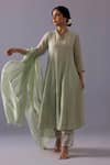 Label Shreya Sharma_Green Chanderi, Organza Embroidery V-neck Ankita Floral Kurta Set _Online_at_Aza_Fashions