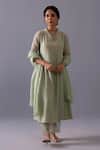 Buy_Label Shreya Sharma_Green Chanderi, Organza Embroidery V-neck Ankita Floral Kurta Set _at_Aza_Fashions