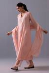 Buy_Label Shreya Sharma_Pink Chanderi, Organza Embroidery Split V-neck Ankita Thread Kurta Set _Online_at_Aza_Fashions