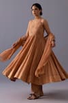 Shop_Label Shreya Sharma_Orange Cotton, Chanderi, Kota Doria Embroidery Scoop Latika Thread Anarkali Set _Online_at_Aza_Fashions