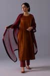 Buy_Label Shreya Sharma_Rust Chanderi, Tissue, Organza Embroidery Round Neck Himani Placement Kurta Set _Online_at_Aza_Fashions