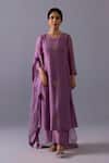 Buy_Label Shreya Sharma_Purple Chanderi, Organza Embroidery Round Neck Noor Kurta Set _at_Aza_Fashions