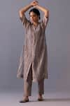 Label Shreya Sharma_Gray Tissue Collared Rohini Pure Kurta With Pant _at_Aza_Fashions