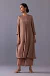 Buy_Label Shreya Sharma_Brown Cotton, Silk Round Neck Maya Pintuck Straight Kurta With Pant _Online_at_Aza_Fashions