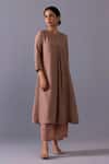 Shop_Label Shreya Sharma_Brown Cotton, Silk Round Neck Maya Pintuck Straight Kurta With Pant _Online_at_Aza_Fashions