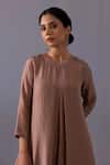 Label Shreya Sharma_Brown Cotton, Silk Round Neck Maya Pintuck Straight Kurta With Pant _at_Aza_Fashions