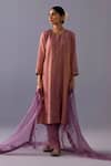 Shop_Label Shreya Sharma_Pink Tissue, Chanderi Embroidery Round Neck Rashmi Kurta With Pant _Online_at_Aza_Fashions