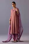 Label Shreya Sharma_Pink Tissue, Chanderi Embroidery Round Neck Rashmi Kurta With Pant _at_Aza_Fashions