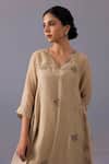 Buy_Label Shreya Sharma_Beige Chanderi Embroidery V-neck Sagarika Thread Placement Kurta Set 