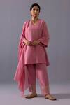 Buy_Label Shreya Sharma_Pink Chanderi Embroidery V-neck Aditi Kurta And Pant Set _at_Aza_Fashions