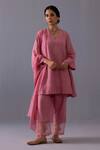 Buy_Label Shreya Sharma_Pink Chanderi Embroidery V-neck Aditi Kurta And Pant Set _Online_at_Aza_Fashions
