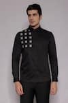 Lacquer Embassy_Black Cotton Satin Stanton Houndstooth Pattern Shirt _at_Aza_Fashions
