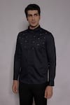 Buy_Lacquer Embassy_Navy Cotton Satin Embroidery, Zari Elmsley Shirt _at_Aza_Fashions