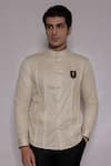 Buy_Lacquer Embassy_Off White Cotton Satin Embroidery, Zari Marwood Crest Placement Shirt _at_Aza_Fashions