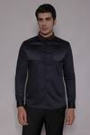 Buy_Lacquer Embassy_Navy Cotton Satin Metallic Thread, Zari Aston Tape Embellished Shirt _at_Aza_Fashions