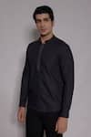 Shop_Lacquer Embassy_Navy Cotton Wroxton Mandarin Collar Shirt _Online_at_Aza_Fashions