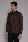 Shop_Lacquer Embassy_Brown Cotton Satin Zari, Embroidery Stanhope Shirt _Online_at_Aza_Fashions