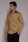 Lacquer Embassy_Tan Cotton Satin Embroidery Belvoir Floral Placement Shirt _at_Aza_Fashions