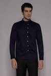 Buy_Lacquer Embassy_Navy Cotton Satin Embroidery Bramcote Zari Floral Placement Shirt _at_Aza_Fashions