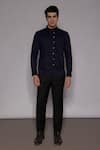 Shop_Lacquer Embassy_Navy Cotton Satin Embroidery Bramcote Zari Floral Placement Shirt _Online_at_Aza_Fashions