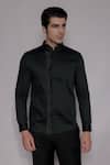 Buy_Lacquer Embassy_Emerald Green Cotton Satin Kingswell Mandarin Collar Shirt _at_Aza_Fashions