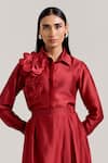 Notsosure_Red Chanderi Silk Fabric Flowers Collared 3d Floral Embellished Shirt With Skirt _Online_at_Aza_Fashions