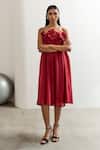 Buy_Notsosure_Red Chanderi Silk Fabric Flowers Bandeau Neck 3d Floral Embellished Tube Dress _at_Aza_Fashions