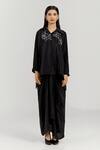 Buy_Notsosure_Black Crepe Embroidery Collared, V-neck Big Rose Pattern Shirt With Skirt _at_Aza_Fashions