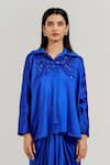 Buy_Notsosure_Blue Chanderi Silk Embroidery Collared Big Rose Shirt _at_Aza_Fashions