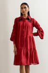 Shop_Notsosure_Red Chanderi Silk Embroidery Collared Flower Dress _Online_at_Aza_Fashions