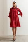 Buy_Notsosure_Red Chanderi Silk Embroidery Collared Flower Dress _at_Aza_Fashions