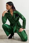 Shop_Notsosure_Green Chanderi Silk Bows, Brooches Collared Shirt And Pant Set _Online_at_Aza_Fashions