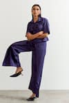 Notsosure_Purple Cotton Embroidery Collared Flower Shirt And Pant Set _Online_at_Aza_Fashions