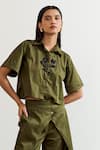 Buy_Notsosure_Olive Green Cotton Embroidery Collared Flower Cropped Shirt _at_Aza_Fashions