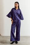 Notsosure_Purple Cotton Embroidery Collared, V-neck Placement Shirt With Pant _at_Aza_Fashions