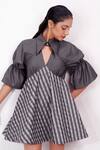 Buy_Siddhant Agrawal_Gray Polyester, Satin Collared, V-neck Dovemire Dress 