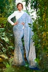 Buy_Aza X Shilpa Shetty Kundra_Blue Georgette, Silk Satin Collared Animal Swirl Print Saree With Shirt _at_Aza_Fashions