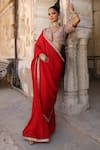 Buy_Amoree india_Red Organza, Silk Embroidery, Zari, Mirrors Laal Surakh Saree And Blouse Set _at_Aza_Fashions