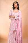 Shop Alaya Advani Pink Georgette Embroidery, Sequins Square Neck Floral Peplum Kurta Sharara Set Shop_Alaya Advani_Pink Georgette Embroidery, Sequins Square Neck Floral Peplum Kurta Sharara Set