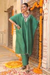 Buy_Amoree india_Green Silk Embroidery, Sequins, Tassels V-neck Hazel Kaftan Set _at_Aza_Fashions