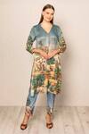 Shop_RANNA GILL_Blue Polyester Split V-neck Bern Jungle Pattern Tunic Set _at_Aza_Fashions
