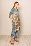 Shop_RANNA GILL_Blue Polyester Split V-neck Bern Jungle Pattern Tunic Set _Online_at_Aza_Fashions