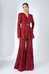 Buy_Ritika Mirchandani_Red Crepe, Georgette, Net Crystals, Metallic Heidi Peplum Blazer With Sharara _at_Aza_Fashions