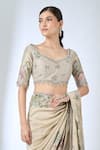 Matsya_Ivory Silk Embroidery, Metallic Thread, Beads Botanical Saree With Blouse _at_Aza_Fashions