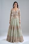 Abhinav Mishra_Mint Net Mirrors, Embroidery, Tassels V-neck Green Lehenga Set _Online_at_Aza_Fashions